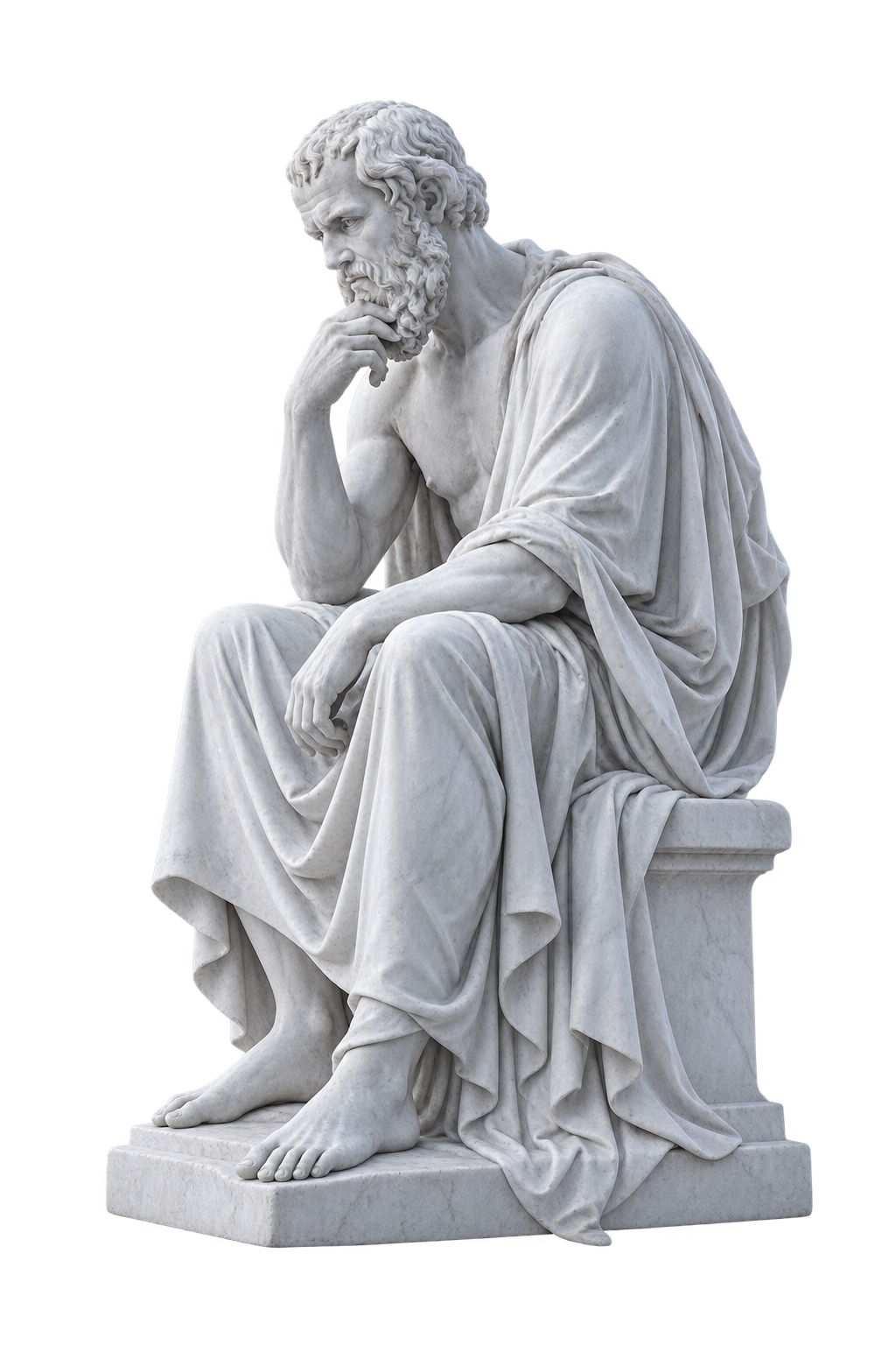 A complete seated marble philosopher, leaning forward with a hand at his chin in thought.